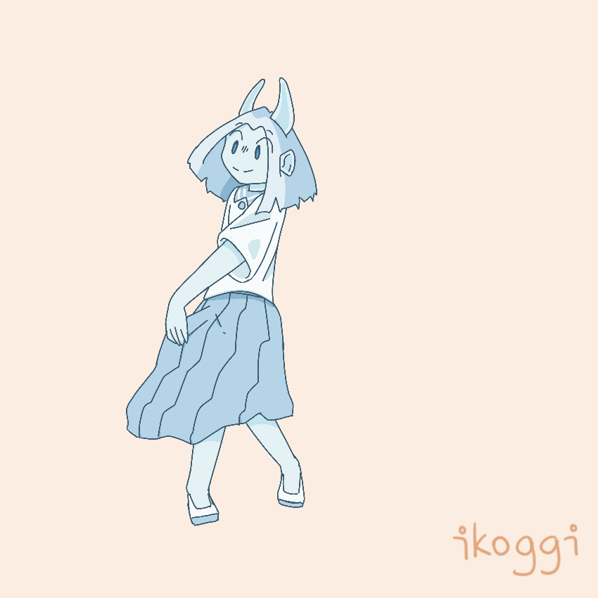 Stylized frame by frame animation gif of a humanoid girl spinning. The animation lasts about 3 seconds