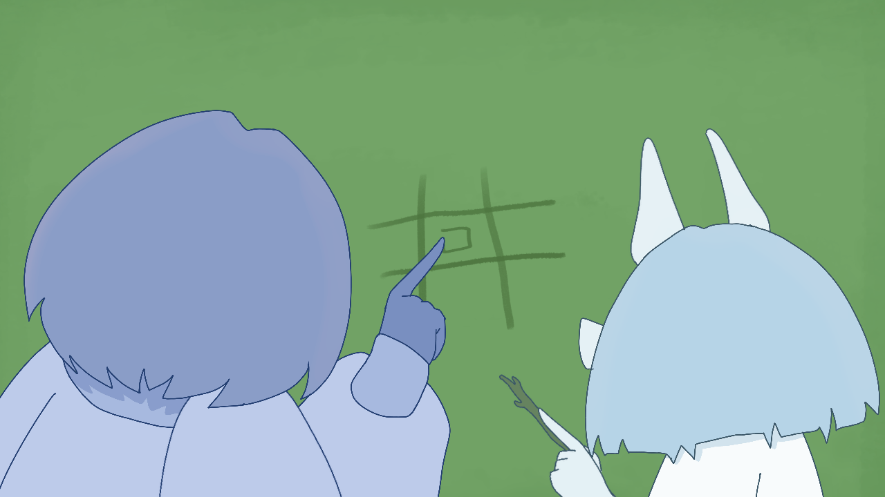 Stylized frame by frame animation of two humanoid girls playing a game similar to tic tac toe. The duration of the animation is about 5 seconds
