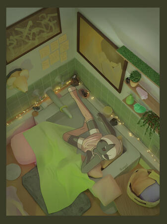 Stylized digital illustration of a red humanoid girl lying down on her back in a bathtub and looking up at the viewer. The background was made in Blender