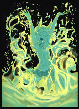 Stylized digital illustration of a light blue humanoid girl splashing water