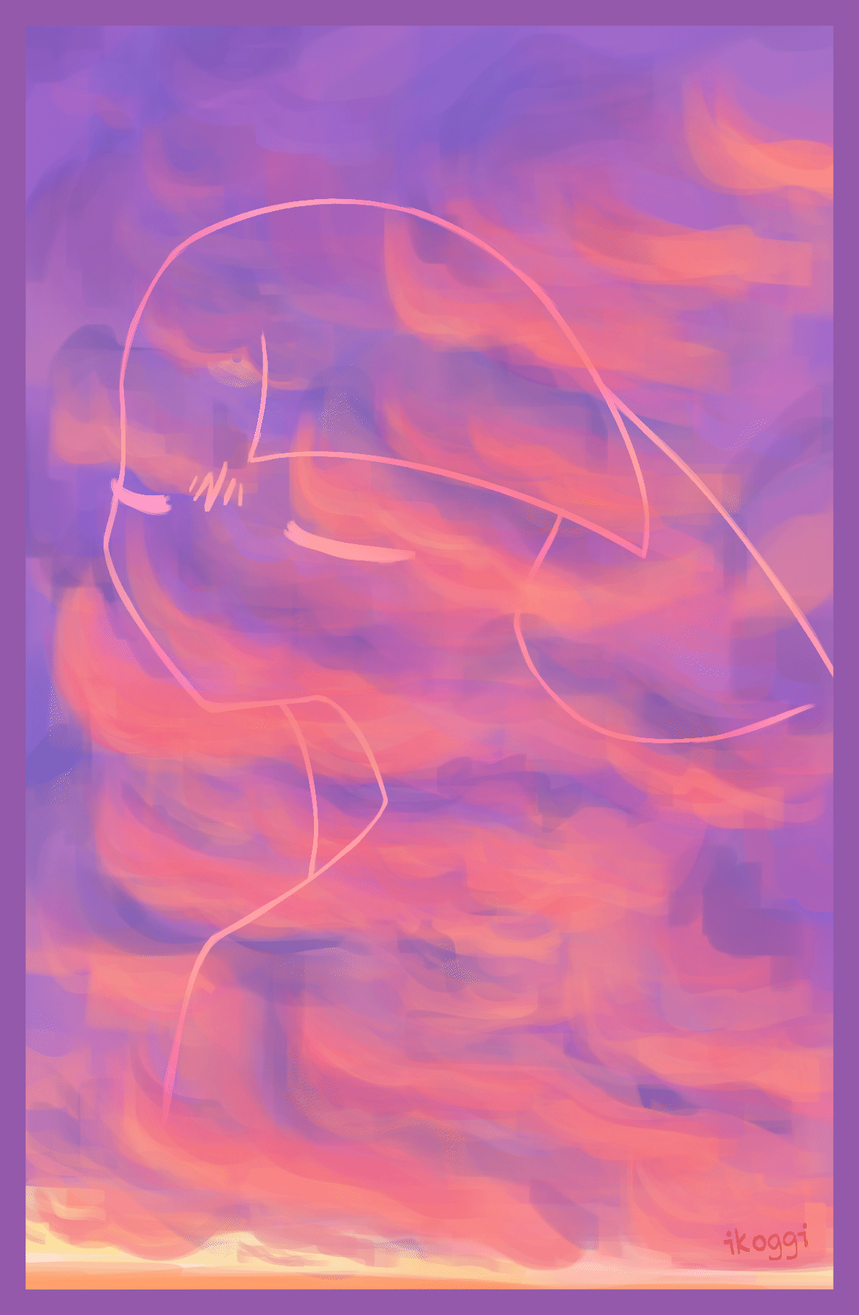 Stylized digital illustration of a purple-pink-orange sky with a slight depiction of a familiar face